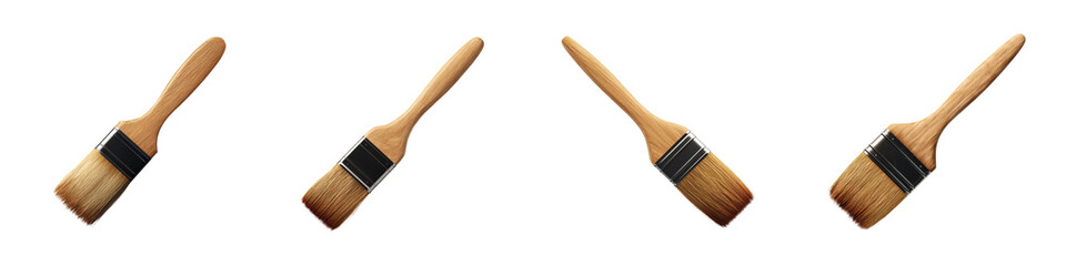 Obraz premium Four Identical New Artist Paintbrushes With Wooden Handles And Light Bristles Arranged On A Transparent Background Isolate