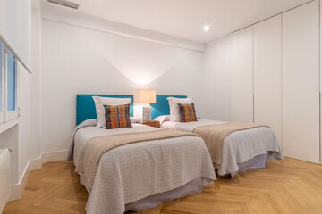 Modern luxury bedroom interior in minimal scandinavian style, 3d render