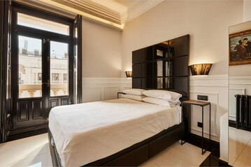 Modern luxury bedroom interior in minimal scandinavian style, 3d render