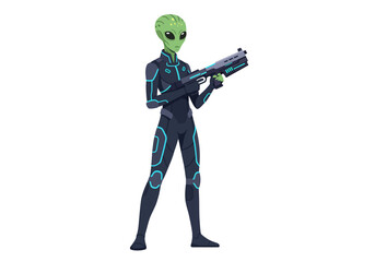 Alien warrior greenskinned humanoid with laser rifle in futuristic suit