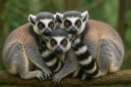 Adorable Ring-tailed Lemurs A Cozy Huddle on a Branch in the Wild - Powered by Adobe