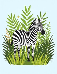 A realistic illustration of a zebra standing amidst lush green foliage and tropical plants.