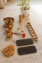 Meditation Tools and Yoga Props for Sound Healing and Mindfulness Practice at Home Wellness Interior