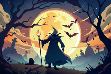 Mystical wizard with magic staff silhouette design