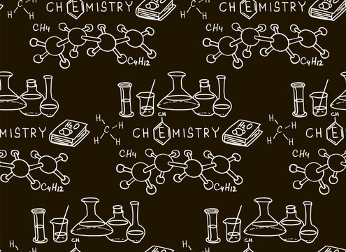 Chemical formula and outlines on blackboard. Vector seamless pattern. Scientific  and education background. 