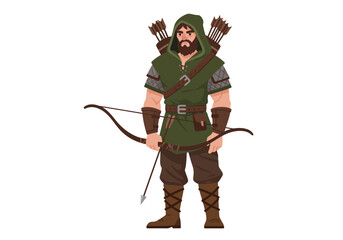 Bearded archer in green hood prepares to shoot arrow drawn