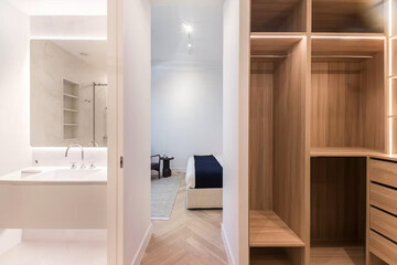 Modern luxury bedroom interior in minimal scandinavian style, 3d render