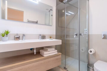 Modern bathroom interior in minimal scandinavian style, 3d render