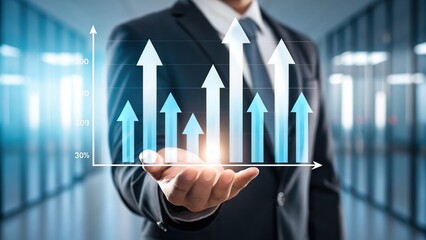 Business Growth Visualization – Holographic Bar Graph with Upward Arrows in Office Setting