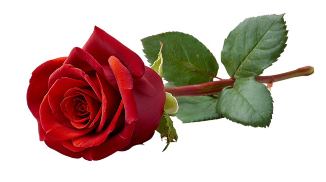 Single red rose with green leaves isolated on transparent background