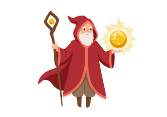 Wise wizard casts a spell staff in hand radiant orb glows