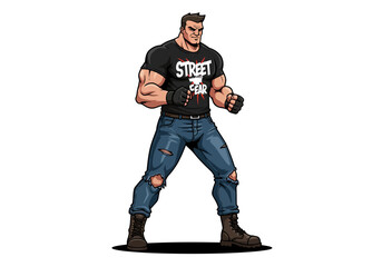 Street Fighter Muscular man ready to brawl in tattered jeans  boots
