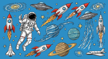Vector Illustration SVG Space Scene with Rockets Planets Astronaut and UFO in Flat Geometric Style for Digital Design