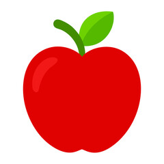 A simple bright red apple with a green stem and leaf against a solid black background