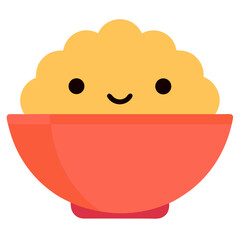 Cute cartoon bowl of yellow porridge or rice with a happy smiling face and black background