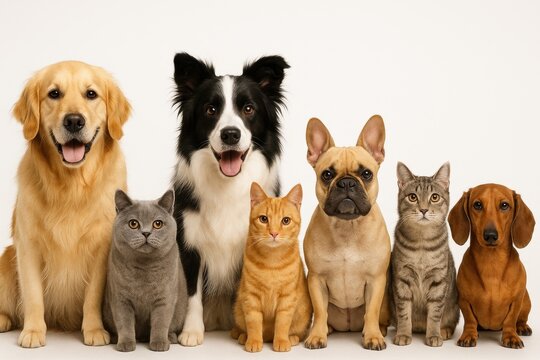 A diverse group of cats and dogs sitting together in a row looking at the camera on a neutral background.