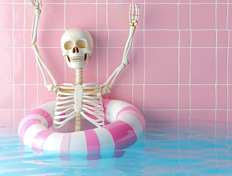 A skeleton lounges in a swimming pool under the sun, blending spooky with summer fun. A whimsical and surreal scene ideal for Halloween humor, vacation parody, and creative content.