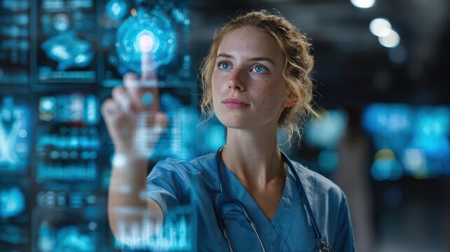A futuristic medical setting with a busy nurse interacting with holographic screens displaying patient data