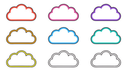 Collection of nine colorful and black outline cloud shapes