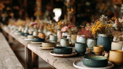 Fototapeta premium Rustic table setting with colorful pottery and dried flowers
