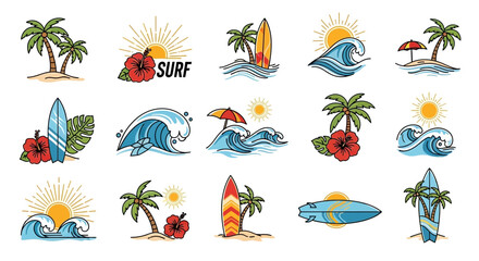 Obraz premium Vector SVG Illustration Set with Beach Island Palm Trees Surf Waves Sun and Hibiscus in Flat Style Bright Colors