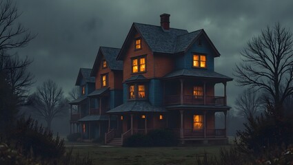 A large, two-story house with warm, glowing windows stands in a misty landscape with bare trees, symbolizing home as a beacon of warmth and safety amidst the unknown.