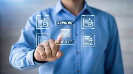 Virtual Decision Interface – Approve or Reject Options with Document Icons and Touch Interaction