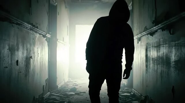 Shadowy Figure Walks Through Abandoned, Spooky Hallway