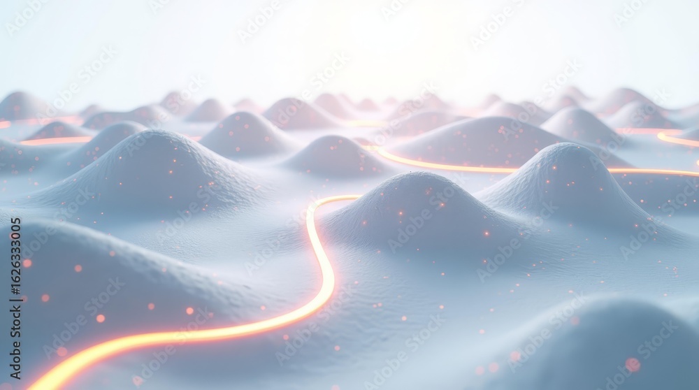 Poster glowing terrain of digital flow, abstract structure with soft lines and clean white background