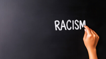 A hand writes the word "Racism" on a blackboard in white chalk, symbolizing the act of confronting and addressing social injustice and inequality.
