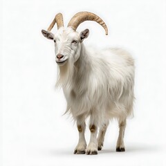 Obraz premium White goat with curved horns standing calmly on clean white background. Perfect for farm animal visuals, livestock ads, and countryside design themes.
