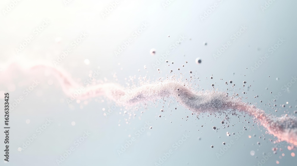 Poster broken data flow with disappearing particles on white background, concept of data loss