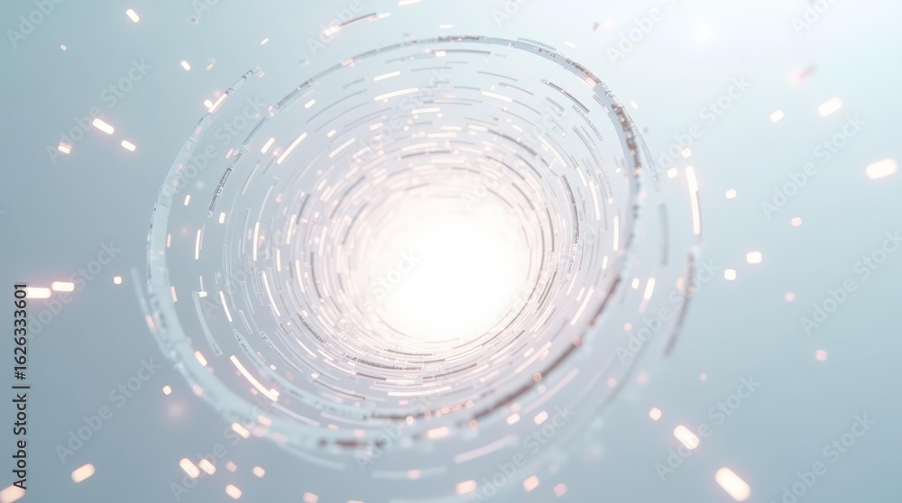 Poster data flow spiral with clean glowing streams, modern concept of network transmission and control