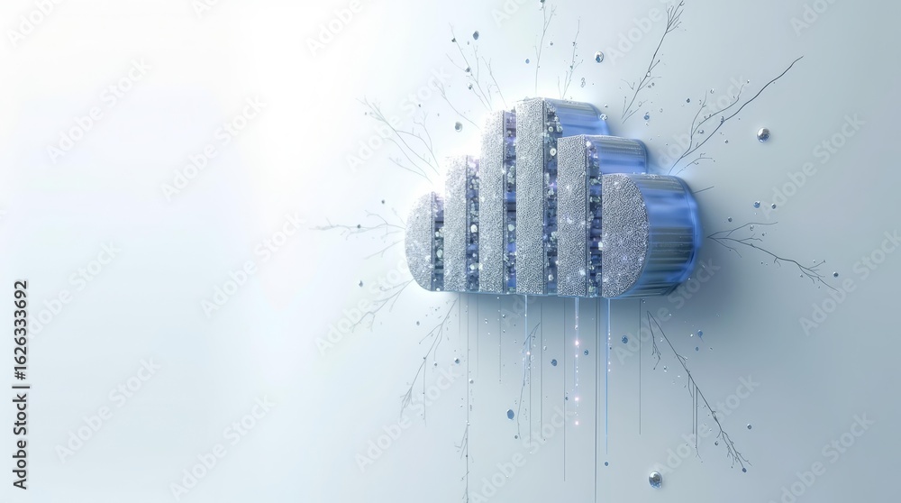 Aufkleber digital storage breach with glowing code fragments leaking from broken cloud grid