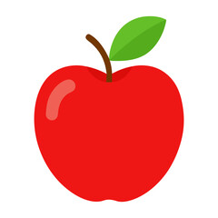 A vibrant red apple with a green leaf and brown stem isolated on a black background