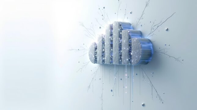 Digital storage breach with glowing code fragments leaking from broken cloud grid