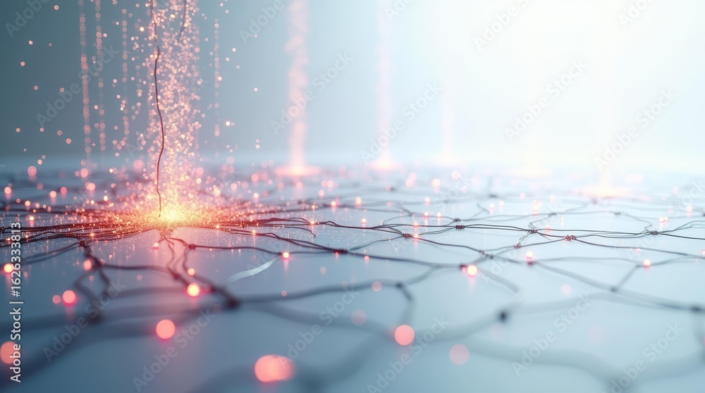 Poster glowing data nodes escaping from disrupted network grid, cyber breach concept
