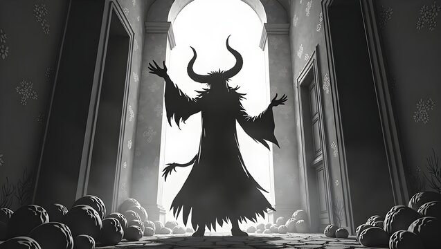 In a monochromatic illustration, a silhouetted, horned figure stands with arms raised in a room filled with orbs, symbolizing the looming presence of darkness or the unknown.