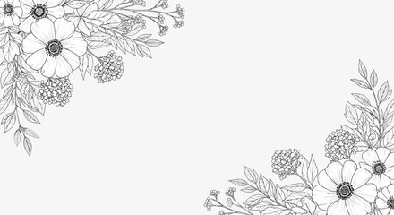 Vector Minimalist Floral SVG Illustration with Line Art Flowers and Leaves in Elegant Monochrome Style for Digital and Web Design