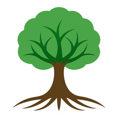 Stylized green tree with visible brown roots and branches against a stark black background
