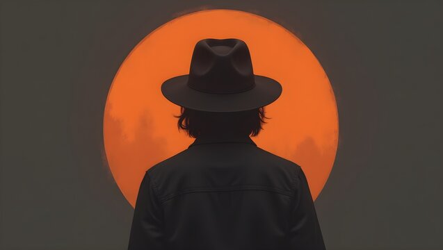 A figure in a black hat and jacket stands with their back to the viewer, silhouetted against a large, fiery orange circle, symbolizing mystery and introspection.