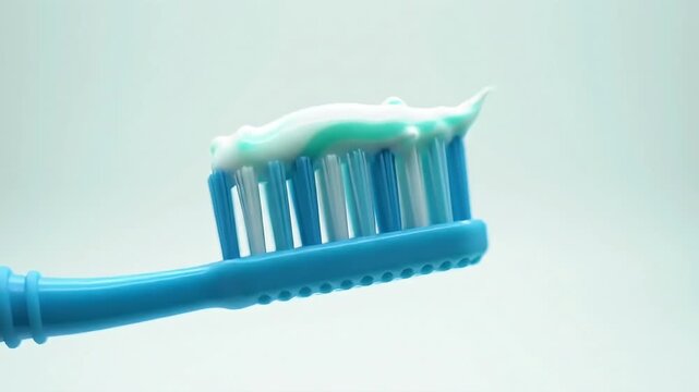 A close-up of a blue toothbrush loaded with minty toothpaste ready for a dental hygiene routine.
