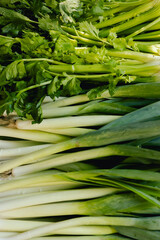 Fresh greens at small local urban market. Organic produce on sale at outdoor farmer market. Selling fresh crops and veggies harvest. European urban setting. Close up. Part of the series.