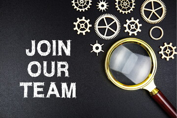 Join Our Team text message with magnifying glass on black background