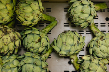 Fresh vegetables at small local urban market. Organic produce on sale at outdoor farmer market....