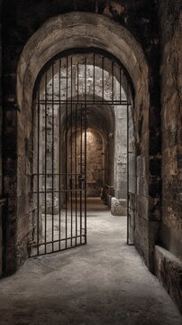 A photo of an open prison gate with iron bars in the stone corridor.