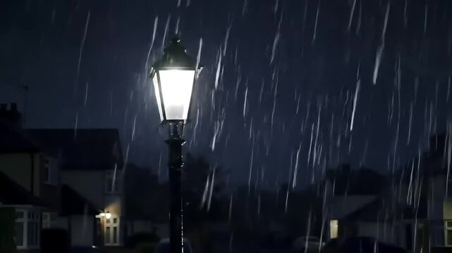A stormy night scene featuring heavy rain and dramatic lightning illuminating a streetlamp and residential homes.