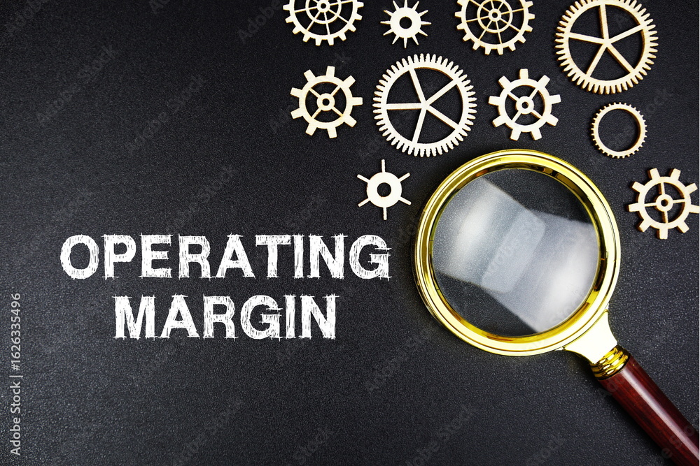 Poster operating margin text message with magnifying glass on black background