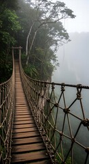 Fototapeta premium A professional photorealistic image of a path that is a beautiful, intricate, wooden, rope bridge, swaying gently over a deep, misty, jungle canyon.
