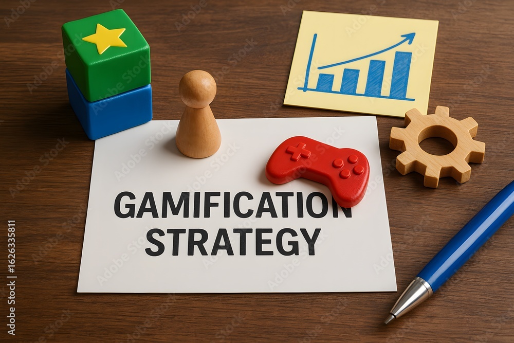 Poster gamification strategy concept with game components.